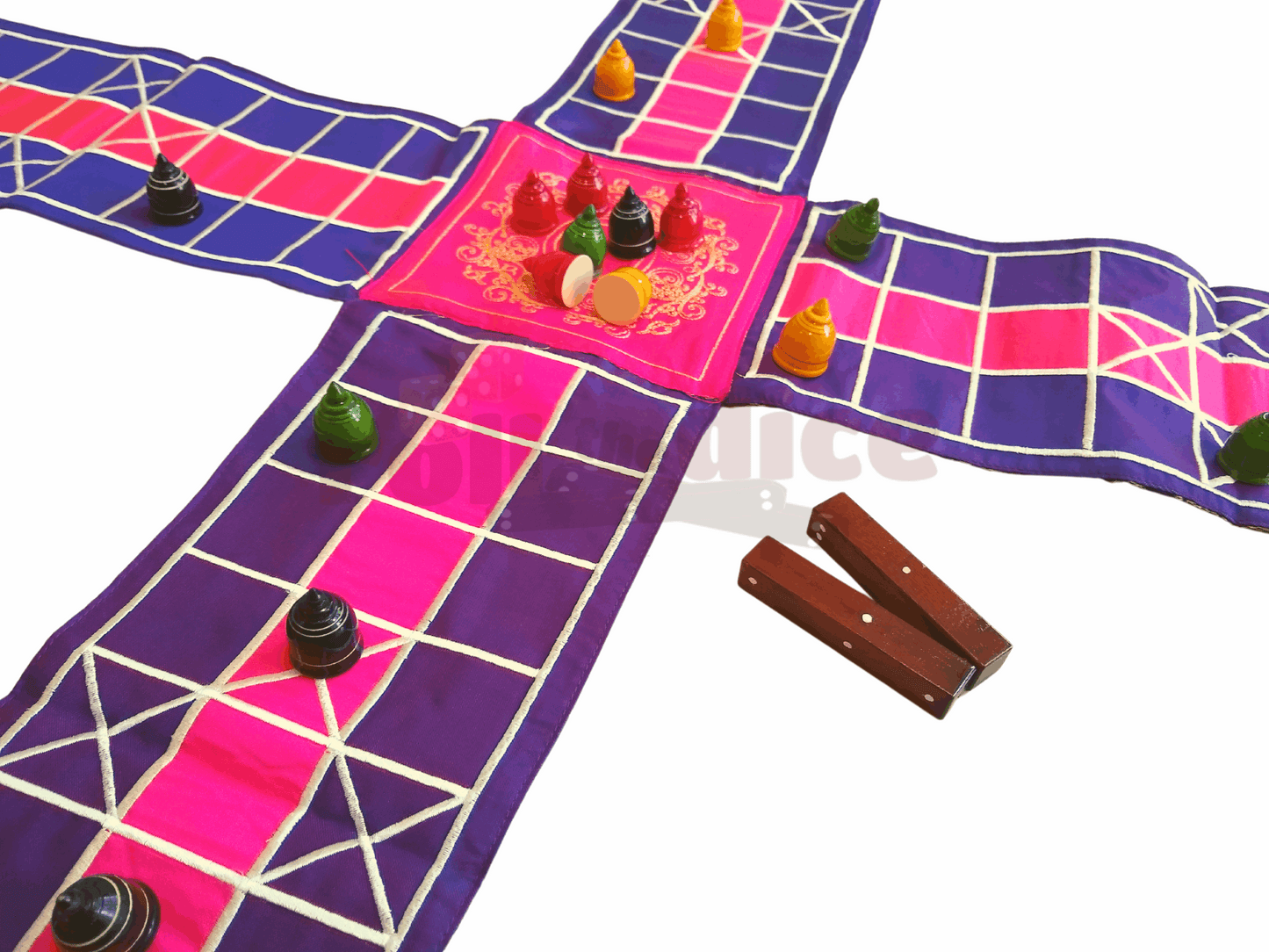 Colorful Pachisi board game by Roll the Dice, featuring traditional design and game pieces for family fun and strategic play.