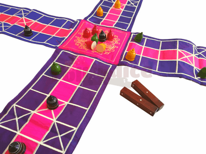 Colorful Pachisi board game by Roll the Dice, featuring traditional design and game pieces for family fun and strategic play.