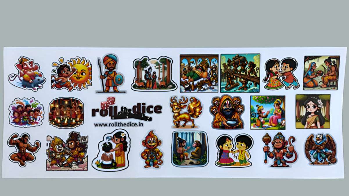 Set of 10 Ramayana mythic vinyl decals from Roll the Dice, featuring colorful, detailed characters and symbols for creative decorating.