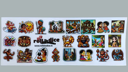 Set of 10 Ramayana mythic vinyl decals from Roll the Dice, featuring colorful, detailed characters and symbols for creative decorating.