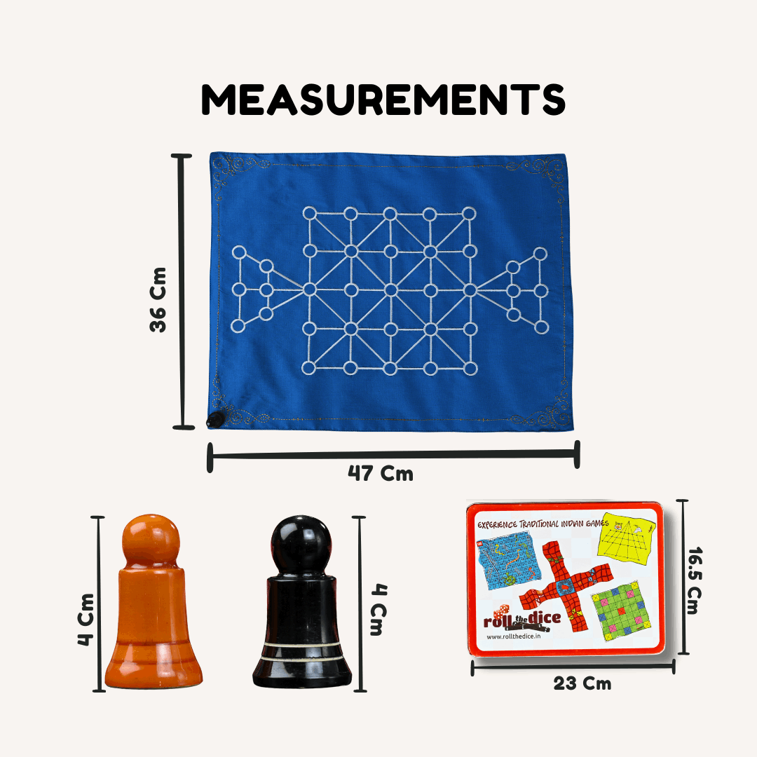 Sixteen soldiers board game by Roll the Dice, featuring colorful game pieces and traditional SholoGutti setup on a game board.