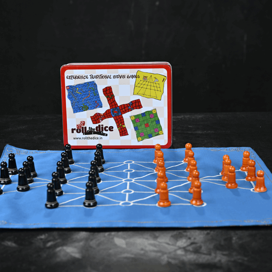 Sixteen Soldiers board game by Roll the Dice, featuring colorful game pieces and a detailed game board for strategic play.