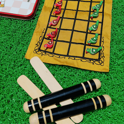 Roll the Dice Taabla board game with traditional wooden pieces and game board for strategic play and cultural entertainment.