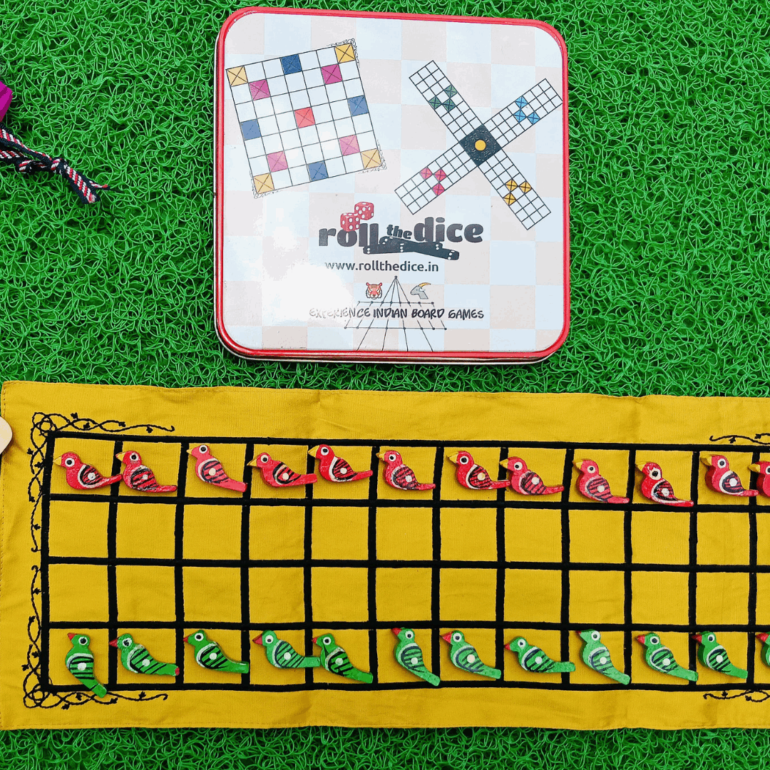 A Roll the Dice Taabla board game with colorful game pieces and a traditional wooden board for strategic play.