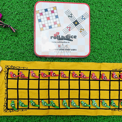 A Roll the Dice Taabla board game with colorful game pieces and a traditional wooden board for strategic play.