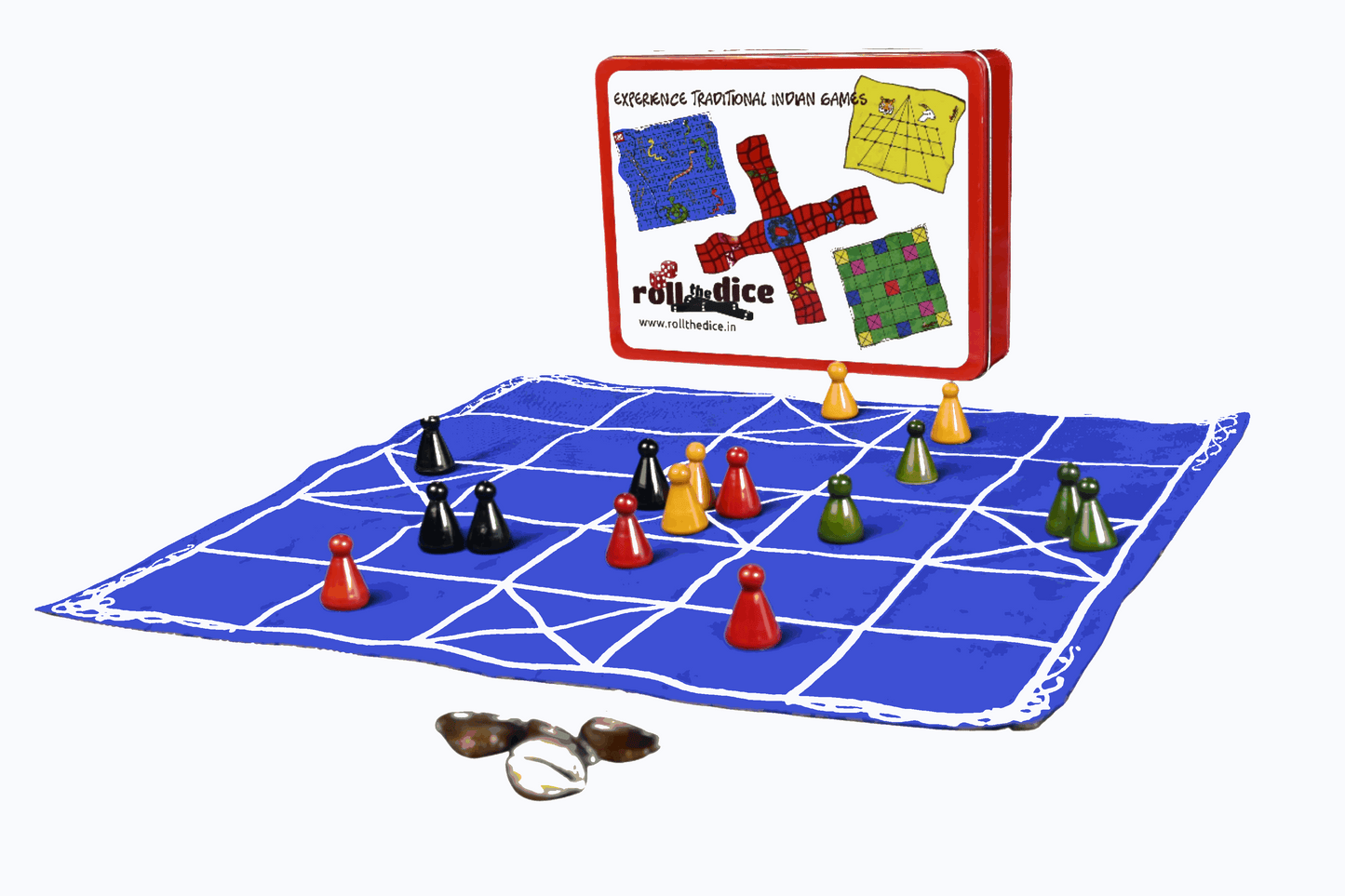 Chowka Bara board game for 7-14 years by Roll the Dice, featuring a colorful game board with 5 and 7 houses for playing.